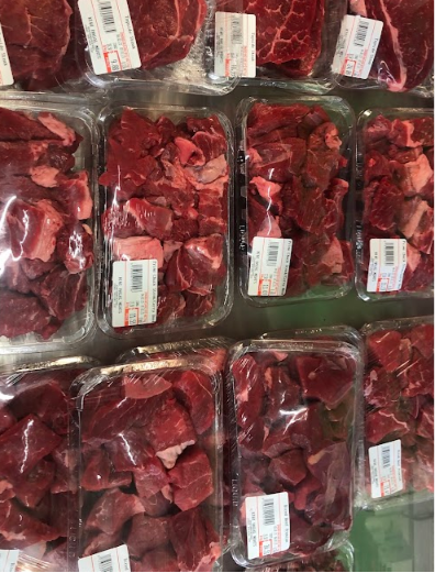Freshly packed diced beef trays